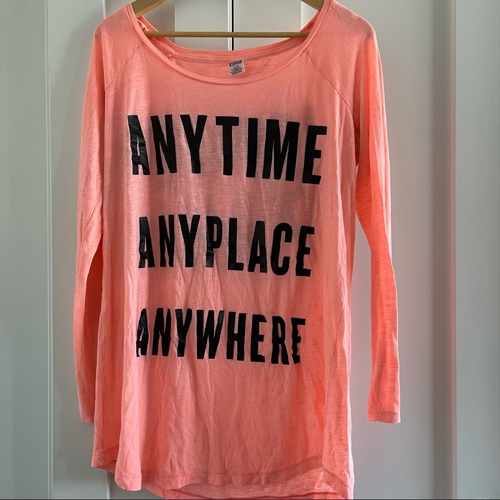 Bright coral VS PINK sleep shirt - “Anytime Anyplace Anywhere” in black